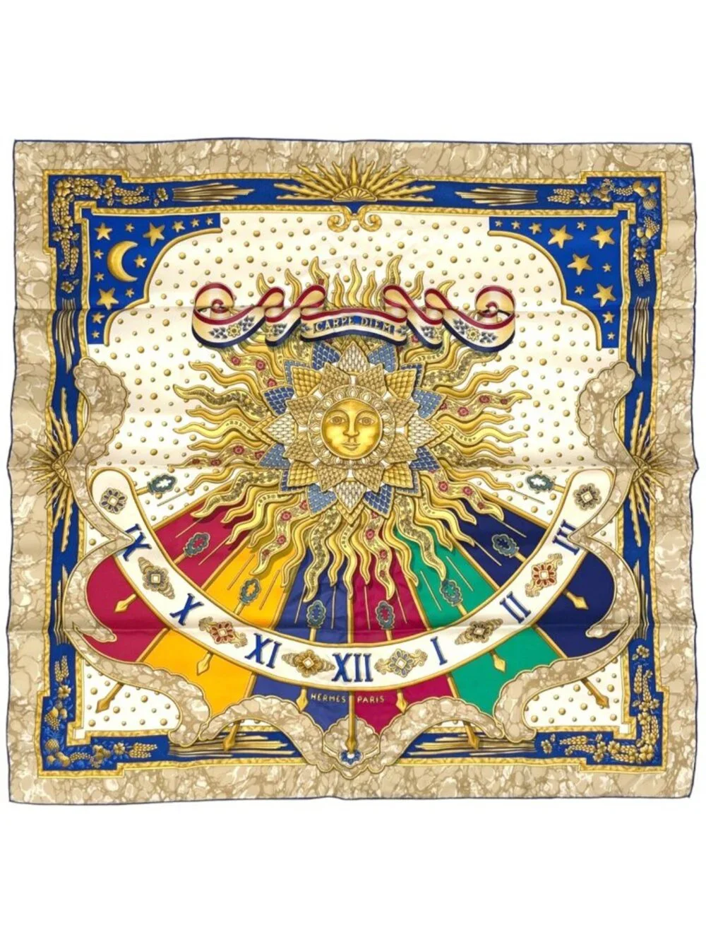 Hermes Carre 90 Carpe Diem Scarf Enjoy Your Day Sun Moon Silk Blue Multicolor